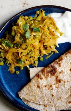 Image of cabbage curry on plate with chapati