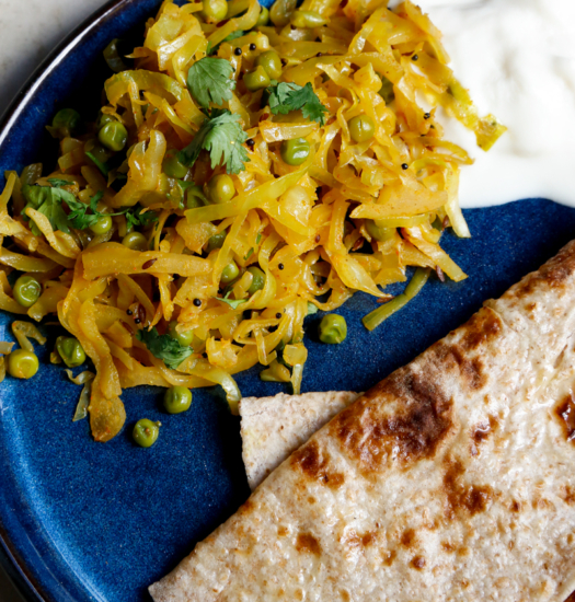 Image of cabbage curry on plate with chapati