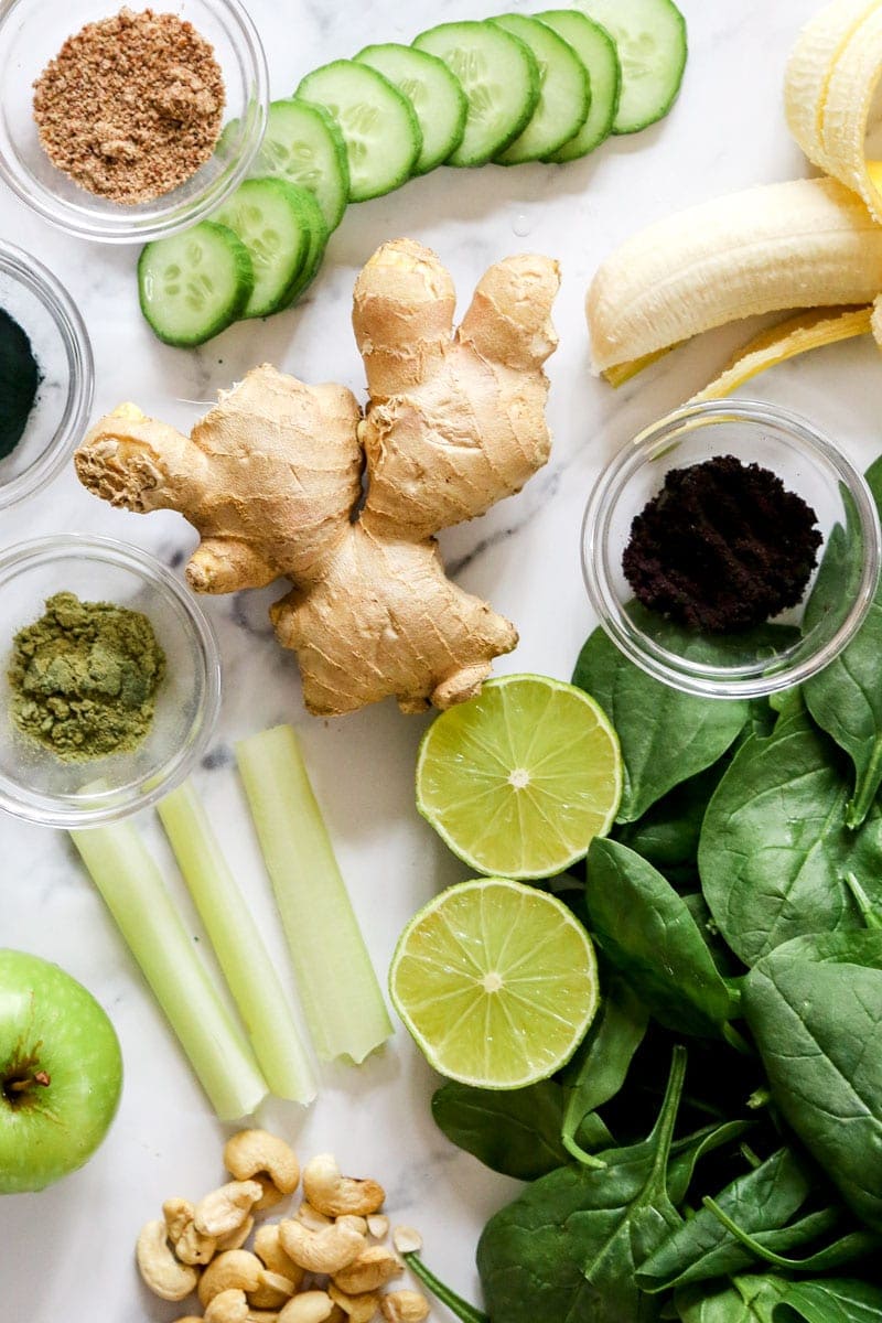 Close up image of green smoothie ingrediants | cookingwithparita.com