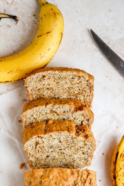 close up image of classic vegan banana bread | cookingwithparita.com