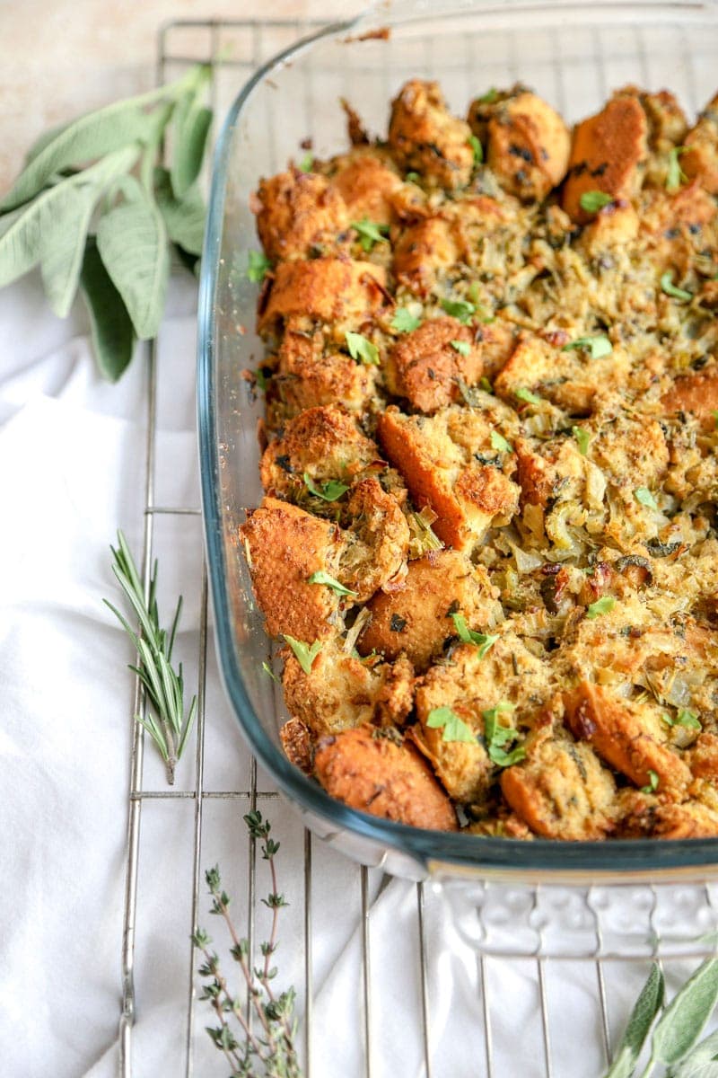 Image of crunchy thanksgiving stuffing and herbs | cookingwithparita.com