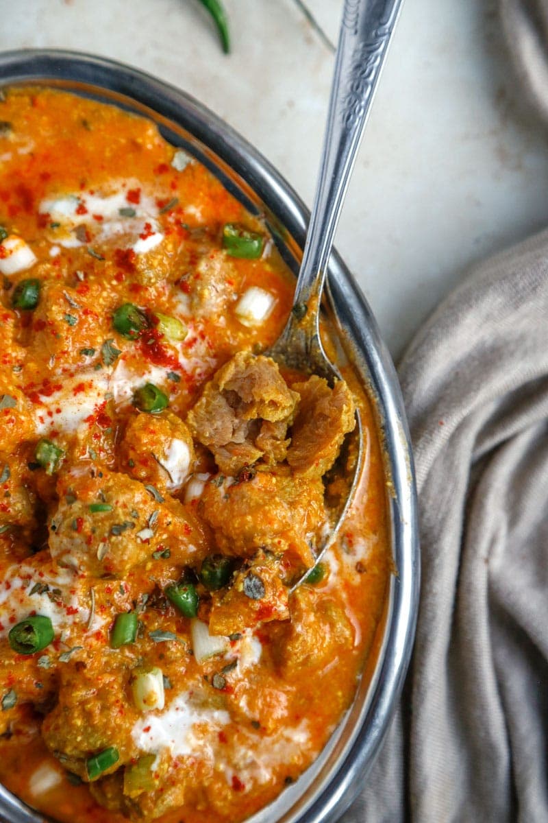 Close up image of Soya Chunks Vegan 'Chicken' Curry - | cookingwithparita.com