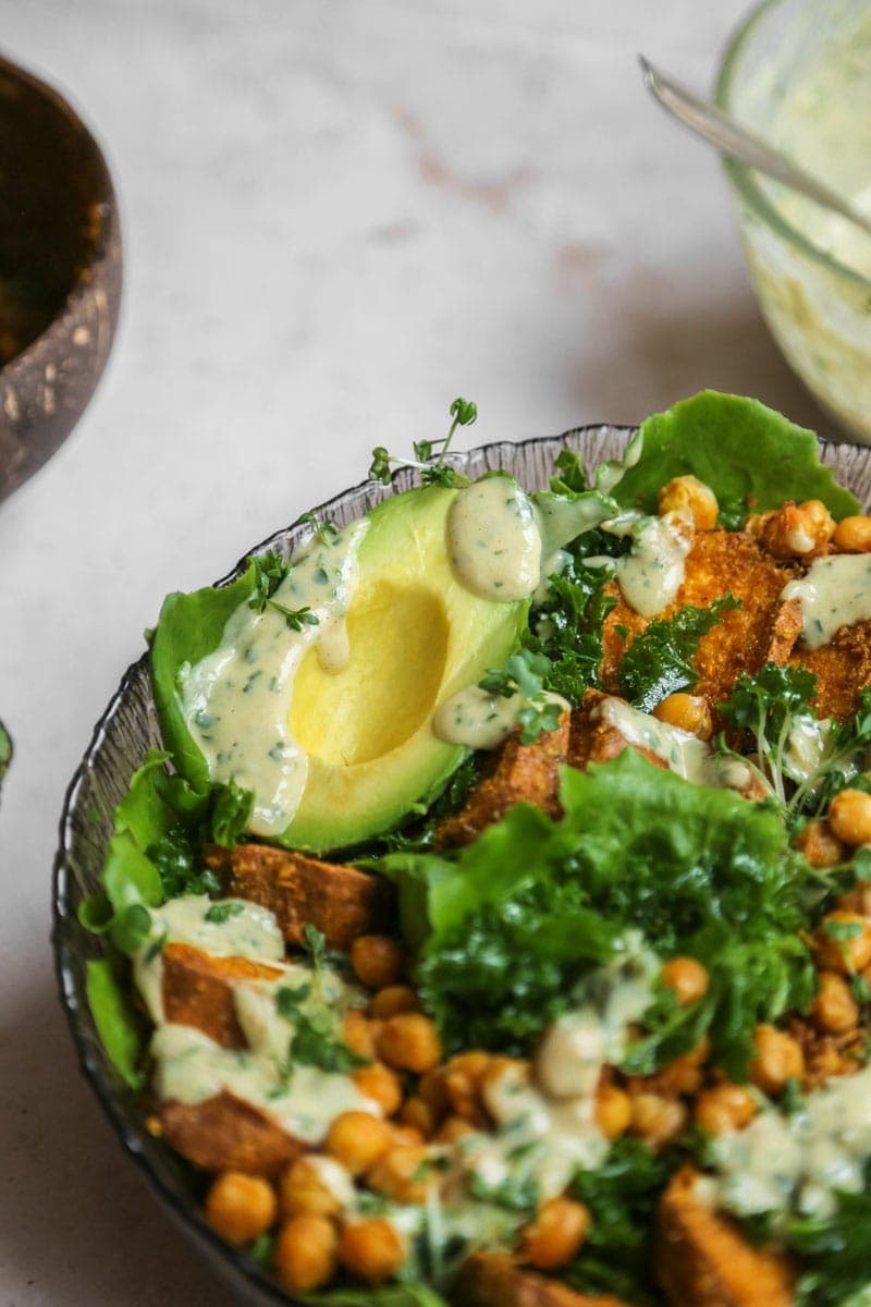 Tahini Sweet Potato Chickpeas Salad with massaged Kale, creamy avocado and a light, creamy, tangy dressing!
