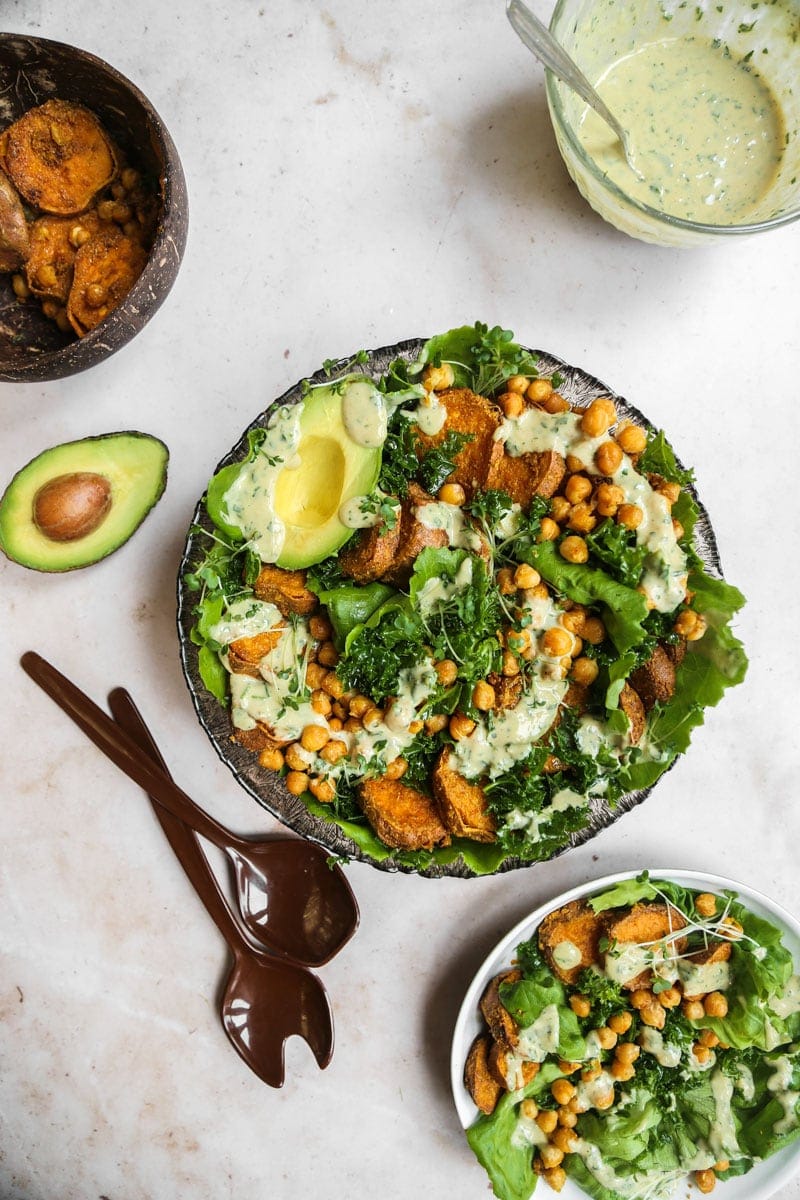 Tahini Sweet Potato Chickpeas Salad with massaged Kale and a light, creamy, tangy dressing!