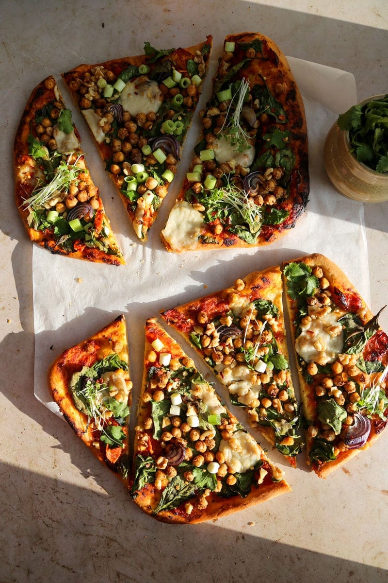 Vegan Indian Pizza with Indian Pizza sauce - Chickpea + Spinach Masala Pizza Recipe | cookingwithparita.com