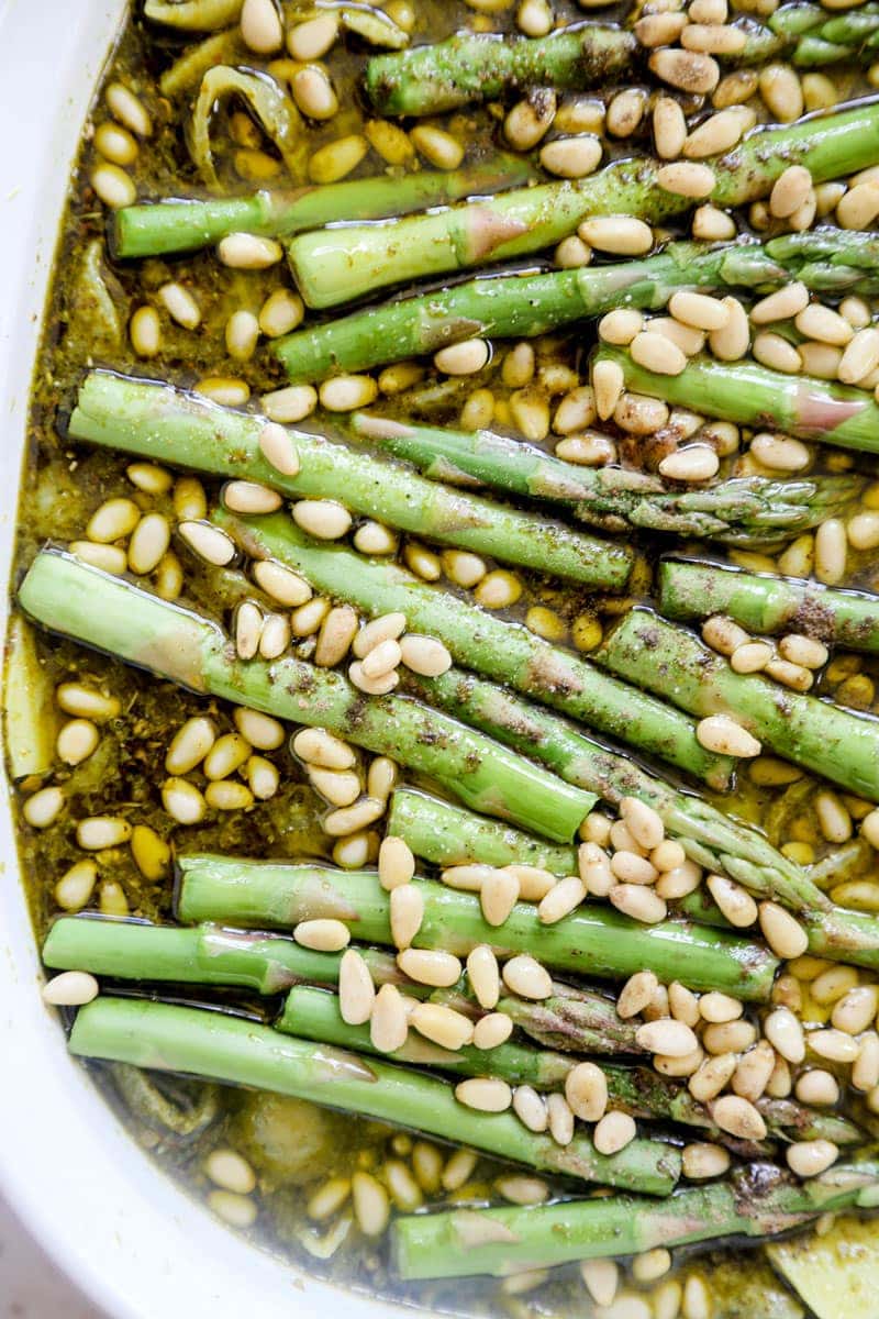 One-pan Vegan Pesto Bake with Toasted Asparagus and Pine Nuts   | cookingwithparita.com