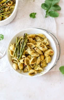 One-pan Vegan Pesto Bake with Toasted Asparagus and Pine Nuts | cookingwithparita.com