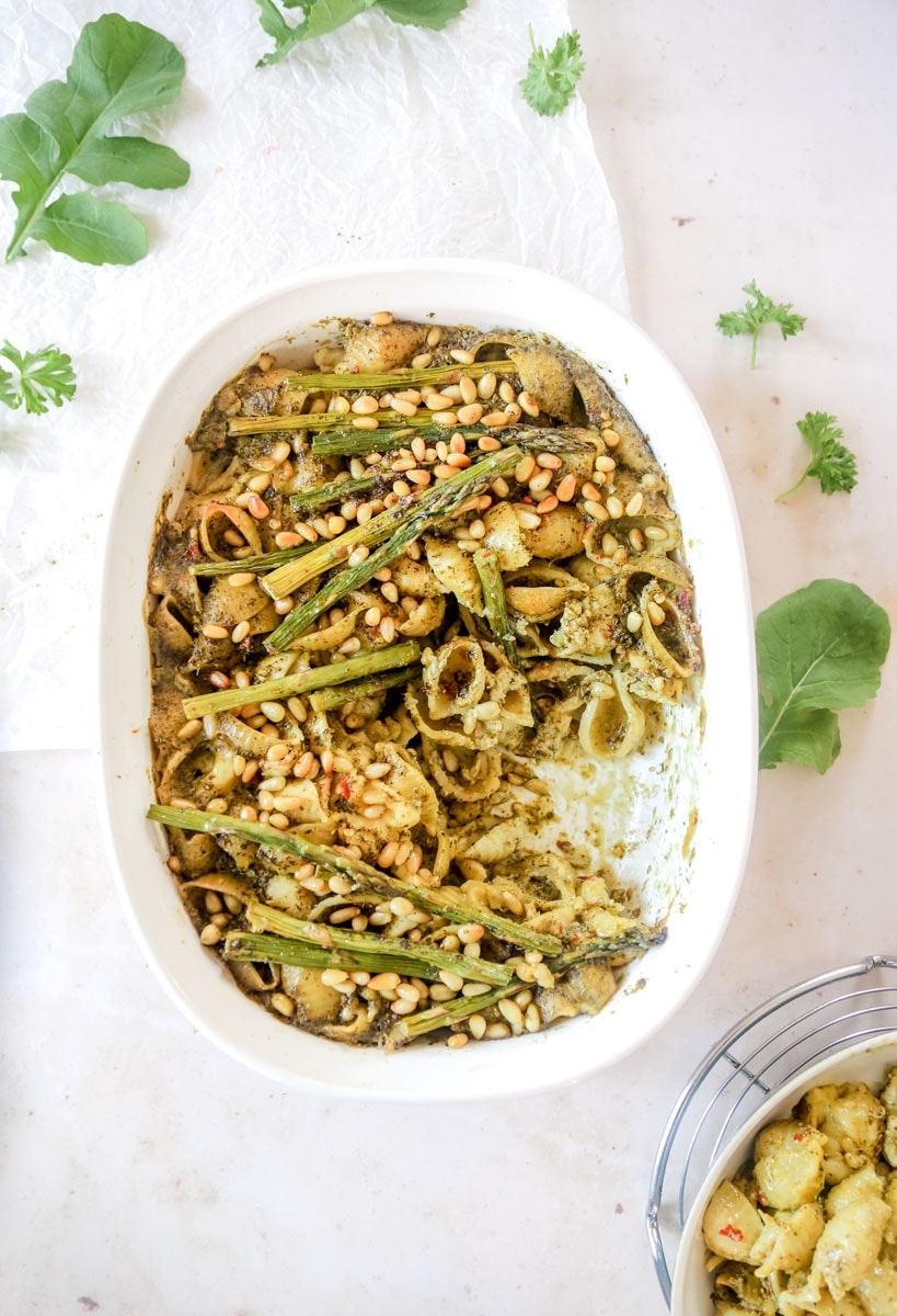 One-pan Vegan Pesto Bake with Toasted Asparagus and Pine Nuts | cookingwithparita.com