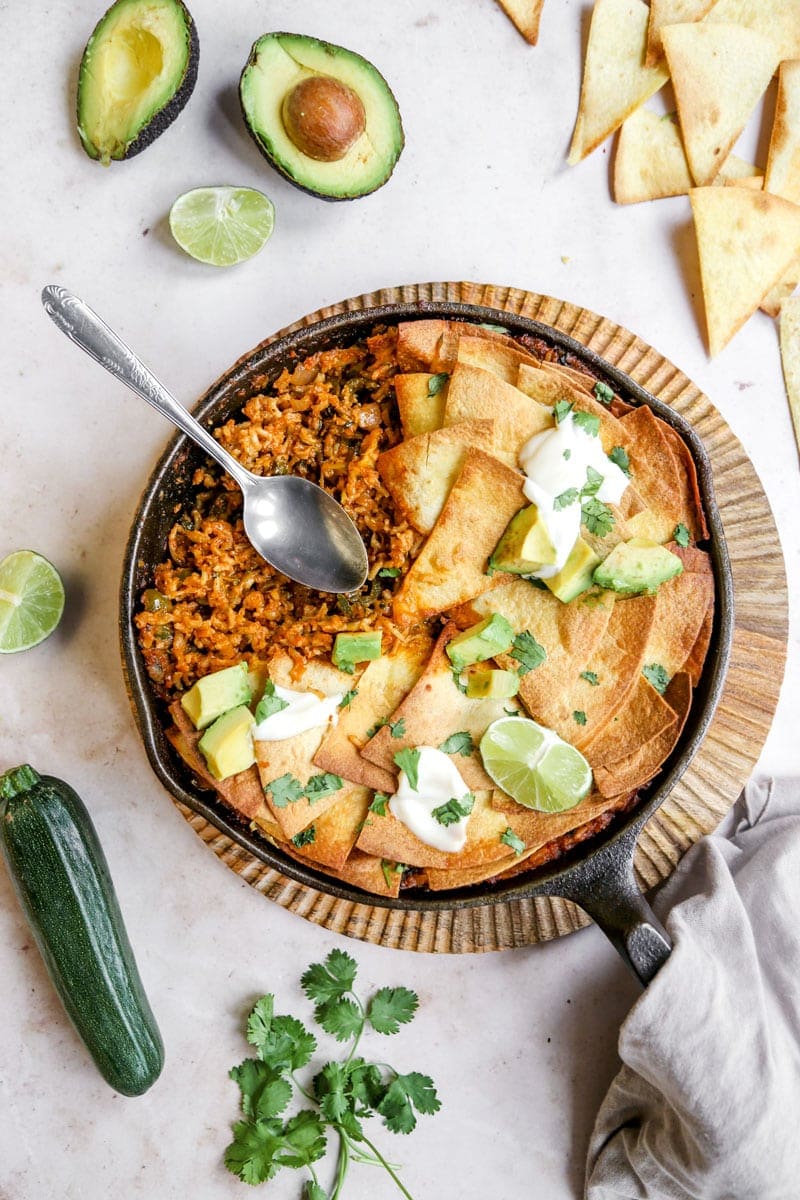 Vegan Zucchini Tortilla Enchilada Rice Bake | cookingwithparita.com