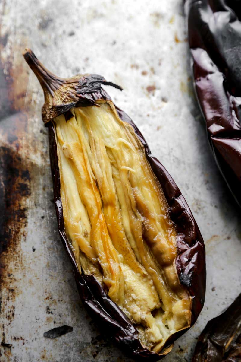 Inside of grilled eggplant for Authentic Baingan Bharta / Oro recipe | cookingwithparita.com