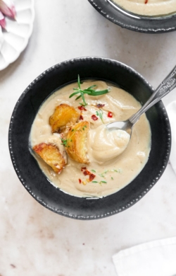 Image of Pin for Vegan Roasted Garlic Cauliflower Soup with Crispy Potatoes