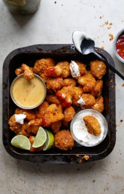 image of vegan cauliflower nuggets recipe with different dips