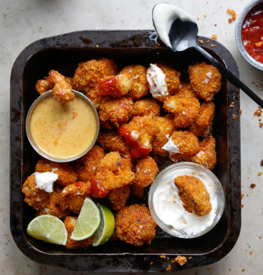 image of vegan cauliflower nuggets recipe with different dips
