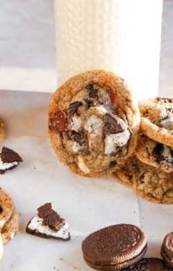 close up image of cookies and cream cookies chocolate chip cookies