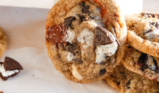 close up image of cookies and cream cookies chocolate chip cookies