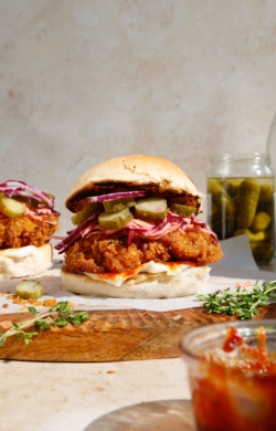 image of vegan chicken sandwich with hot maple slaw