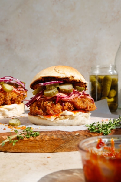 image of vegan chicken sandwich with hot maple slaw