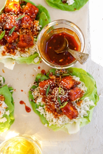 Image of Close up Image of Vegan Tofu Firecracker Lettuce Wraps with Sauce