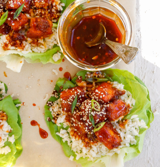 Image of Close up Image of Vegan Tofu Firecracker Lettuce Wraps with Sauce