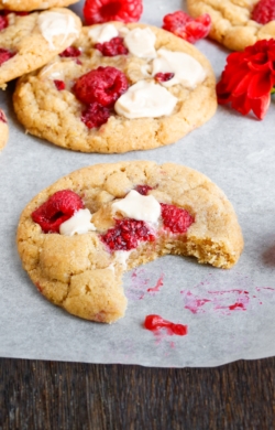 close up image of raspberry white chocolate cookies recipe
