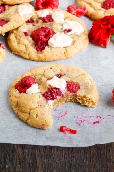 close up image of raspberry white chocolate cookies recipe