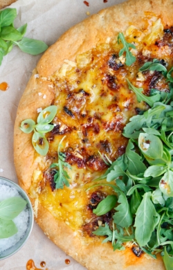 Close up of image of sun dried tomato arugula pizza recipe
