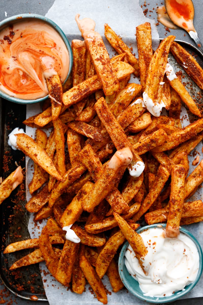 image of homemade peri peri fries recipe served with burger sauce